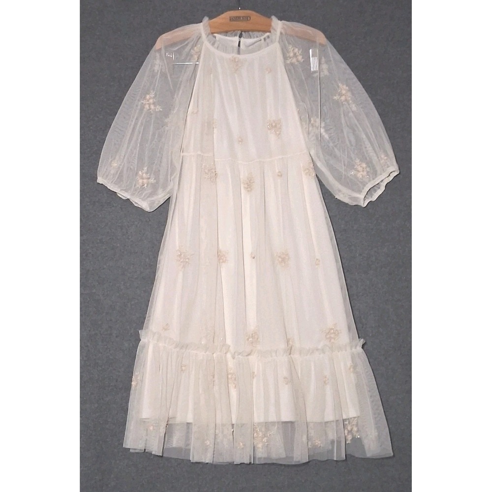 Zara Kids Girl Embroidered Sheer Tulle Dress Size 10 Ecru Beaded Fairycore